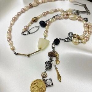 CAbi #2147 Treasure Necklace Faux Pearls and Silver Toned Toggle Charms 34"